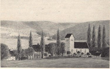 Dorfansicht von Wittmar mit Blick auf die Asse. Im Vordergrund die Kirche mit dem später abgetragenen Turm. Bild aus dem Jahre 1886 vom Maler Fritz Eschemann